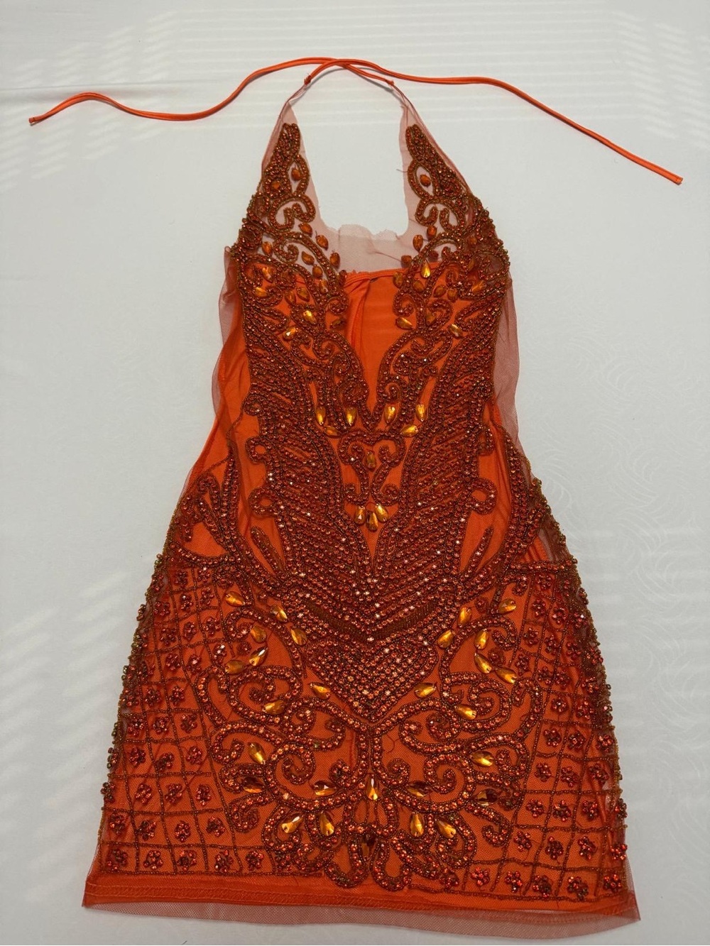 Embellished Orange Halter Mini Dress